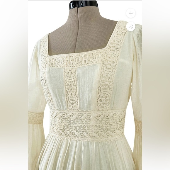 Victor Costa Mexican Wedding Dress Ivory Cotton Gauze & Lace Dress Romantic 1970 - Picture 9 of 16